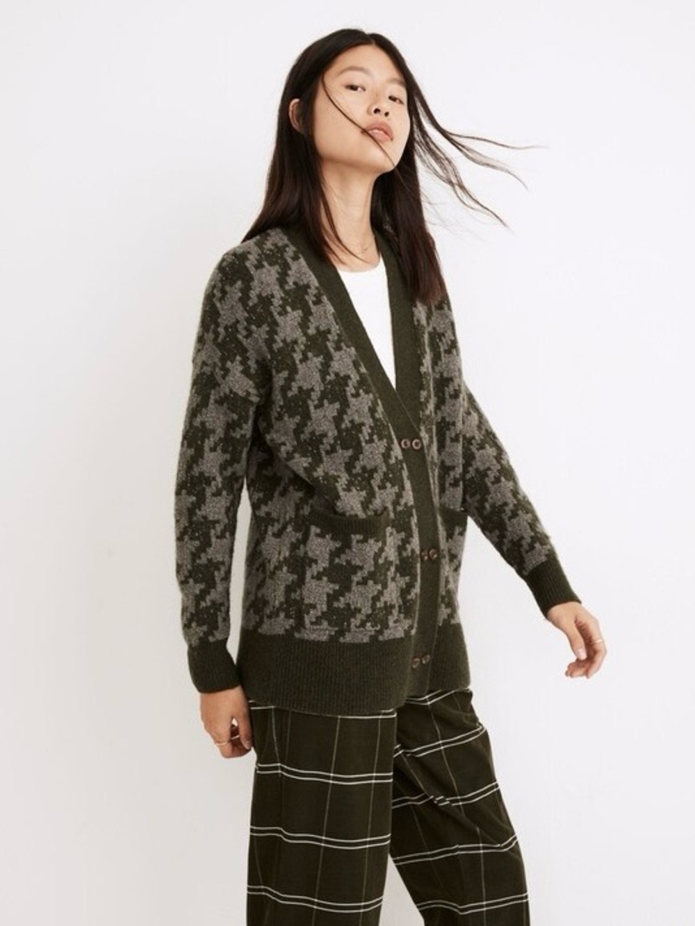 Madewell Allston Double-Button Houndstooth Cardigan Sweater M Green Gray